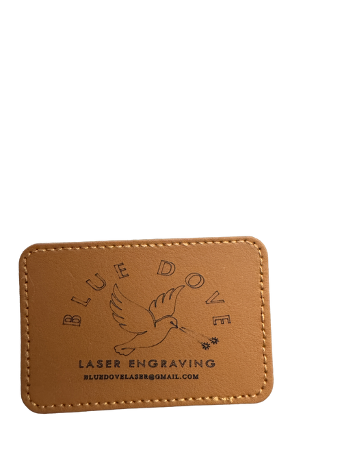 Blue Dove Laser Engraving custom leather patch with dove logo and stitched edge