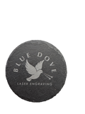 Blue Dove Laser Engraving branded slate coaster with dove logo