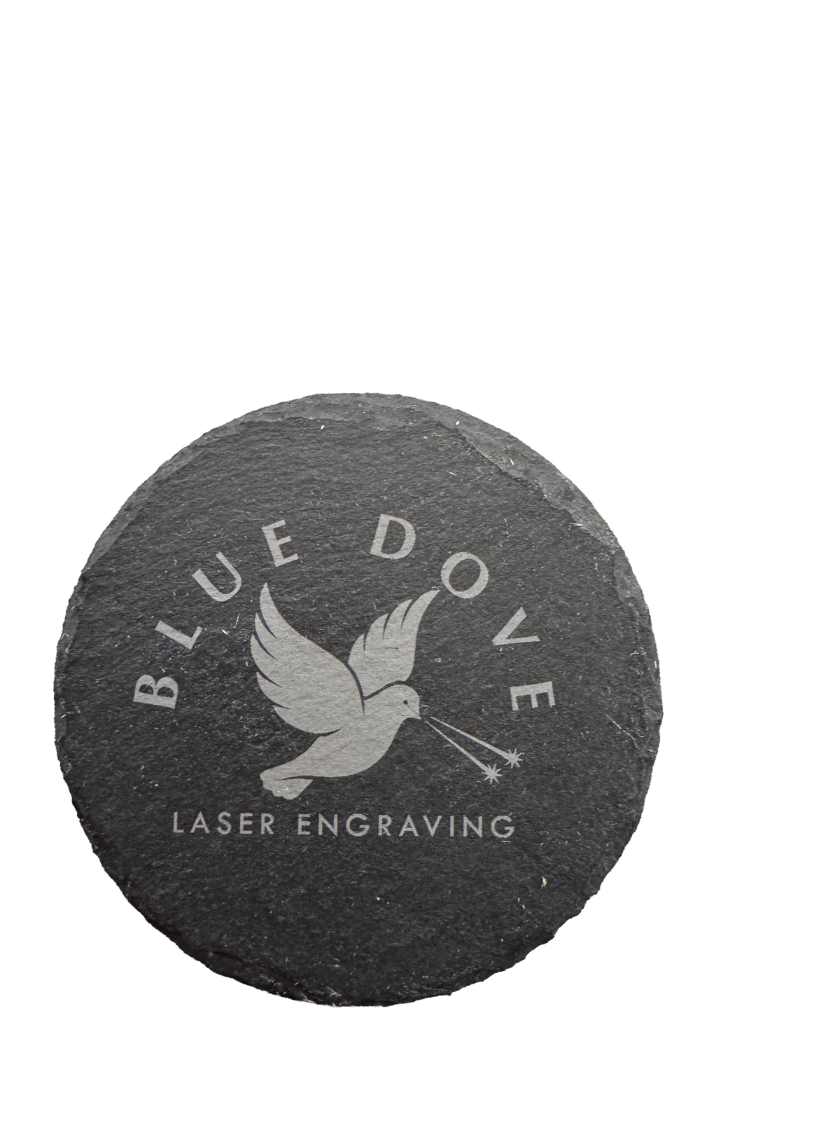 Blue Dove Laser Engraving branded slate coaster with dove logo