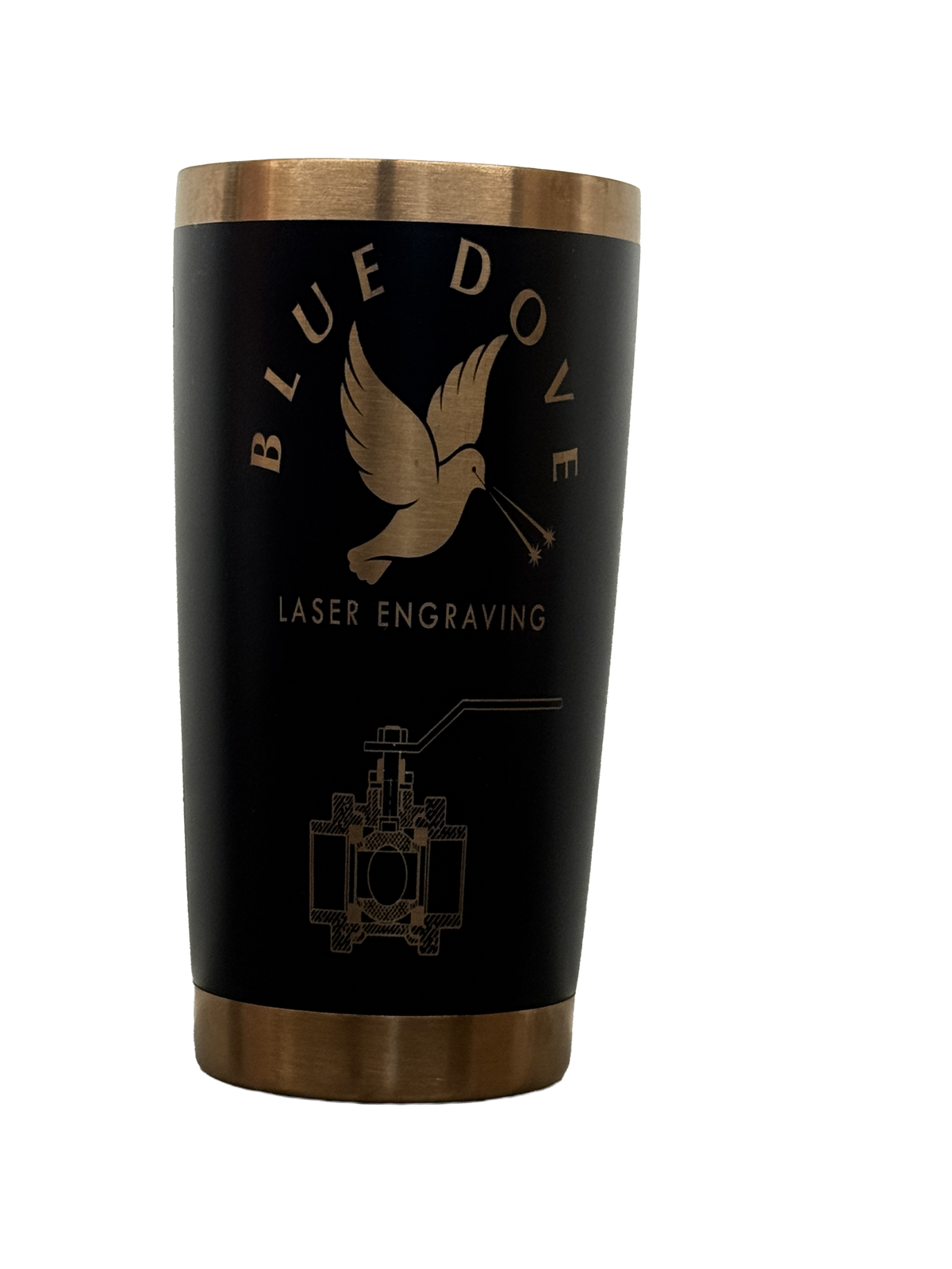 Blue Dove branded tumbler with valve schematic laser engraving