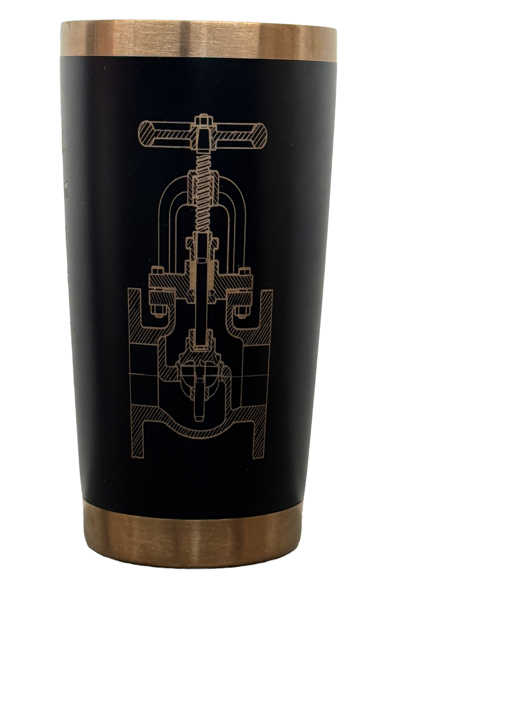 Tumbler with detailed valve schematic laser engraving