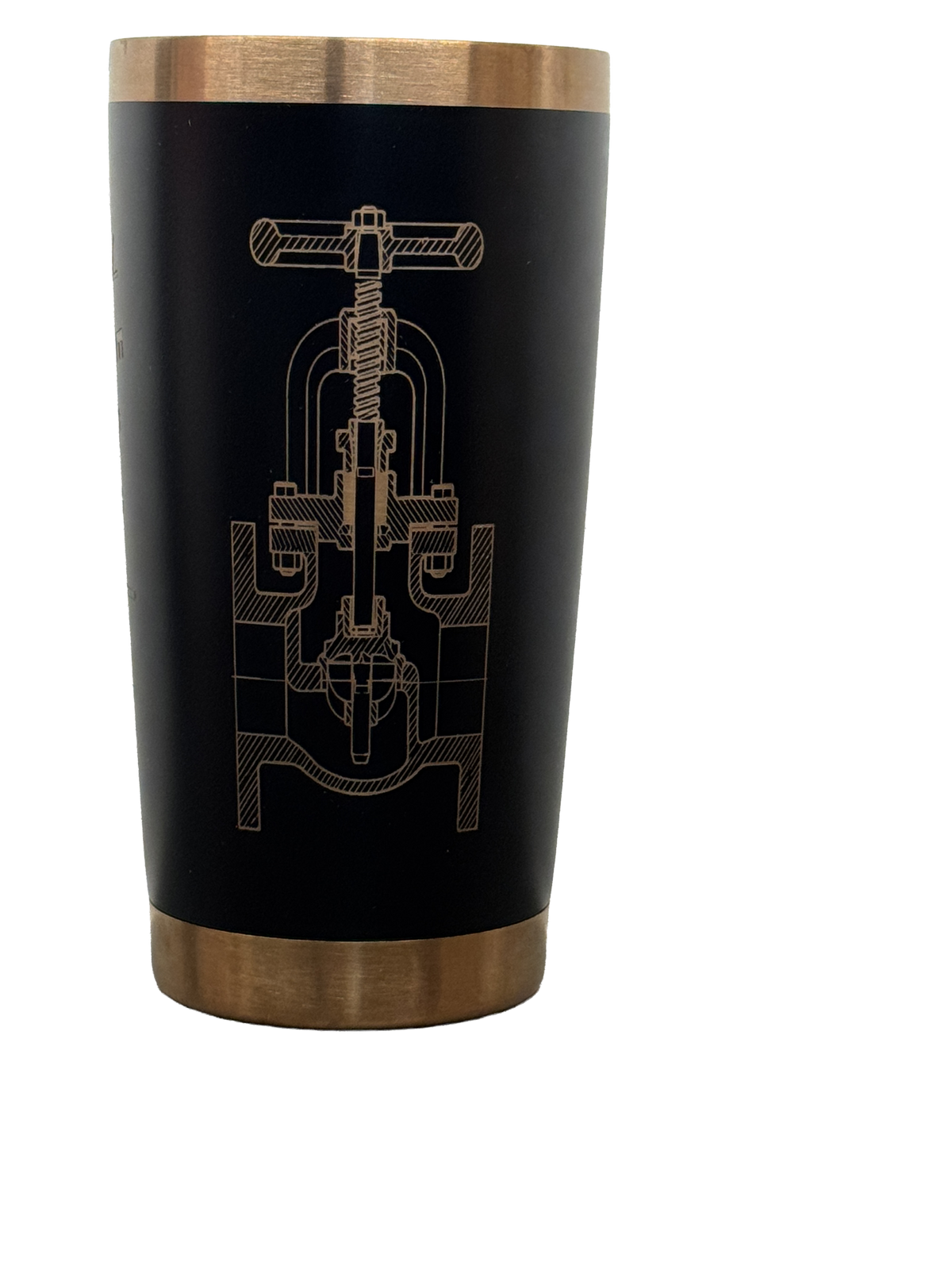 Tumbler with detailed valve schematic laser engraving