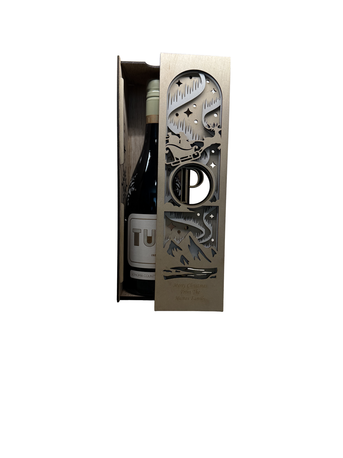 Laser-cut wine box with bottle inside — sliding lid with winter landscape design